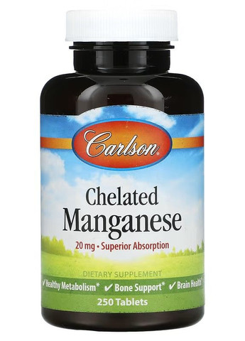 Хелат марганцю Chelated Manganese 20 mg 250 Tablets Carlson Labs (275867398)