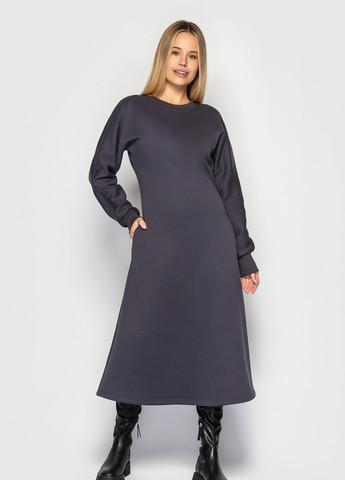 Сіра кежуал тепла сукня-міді з цільнокроєними рукавами grey а-силует MORANDI однотонна