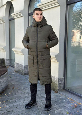 Оливкова (хакі) зимня дуже тепла двошарова довга куртка Vakko