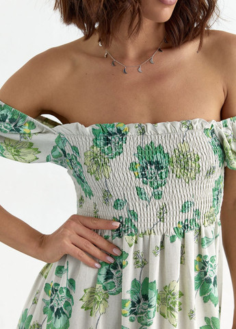 Зелена відвертий літнє плаття в квітковий візерунок з відкритими плечима - зелений Lurex