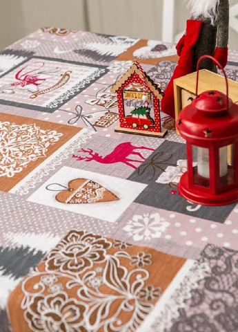 Новогодняя праздничная льняная хлопковая скатерть накидка на обеденный стол с узором 150х220 см (475695-Prob) Лапландия Unbranded (270090513)