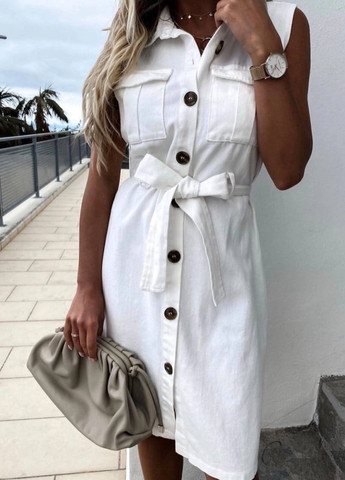 Белое женское платье из хлопка под пояс белого цвета р.42/44 372961 New Trend