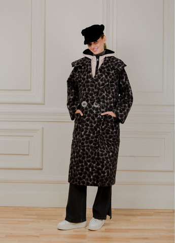 Черное демисезонное Меховое пальто с принтом жирафа Мэди двубортное Dolcedonna