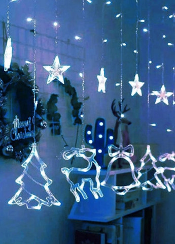 Новорічна гірлянда Штора з формами дзвіночок ялинка олень зірка тип світла Холодний білий HX (269251481)