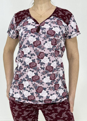 Бордовая всесезон женский домашний костюм розы (футболка + бриджи) 58-60 бордовый 27289798-3 Triko