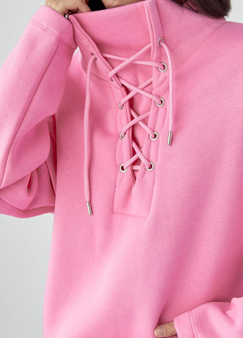 Теплый свитшот со шнуровкой на горловине - розовый Lurex - Свободный крой розовый повседневный трикотаж - (268551489)