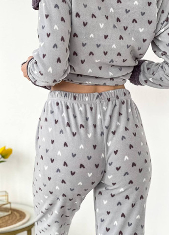 Серая зимняя женская тёплая махрова пижама кофта + брюки No Brand