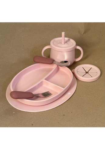Комплект набор детской посуды чашка секционная тарелочка приборы пищевой силикон для детей малышей (475014-Prob) Розовый Unbranded (260648802)