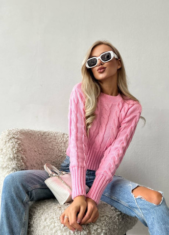 Жіночий светр укорочений з візерунком коси рожевого кольору р.42/46 396786 New Trend (258967777)