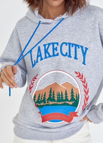 Утепленное худи с принтом и надписью Lake city - светло-серый Lurex (265842109)