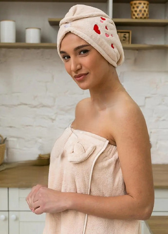 Unbranded женский набор 2 в 1 для бани сауны полотенце халат на резинке чалма тюрбан на голову микрофибра (474282-prob) сердечки кремовый сердечки бежевый производство -