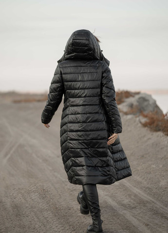 Черное зимнее Женское зимнее длинное пальто 11688 Fodarlloy