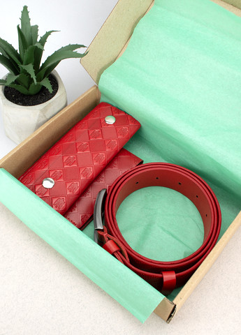 Подарунковий жіночий набір №81 у коробці: гаманець, ключниця та ремінь червоний HandyCover (272593082)