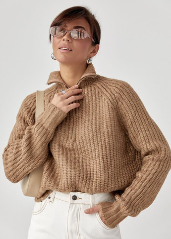 Светло-коричневый зимний женский вязаный свитер oversize с воротником на молнии - светло-коричневый Lurex