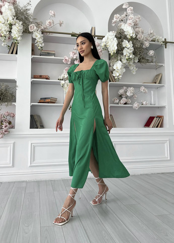 Зеленое повседневный нежное летнее платье в горошек з разрезами Jadone Fashion в горошек