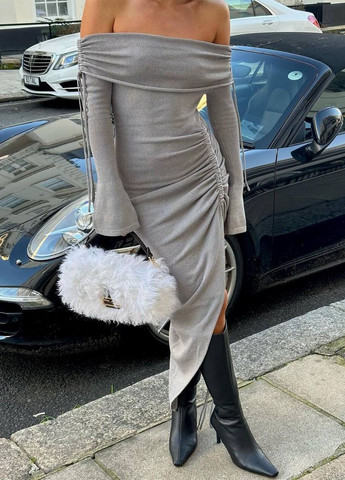 Серебряное шикарное платье с разрезом от бедра и с завязками из турецкого рубчика, длинное платье с открытыми плечами No Brand