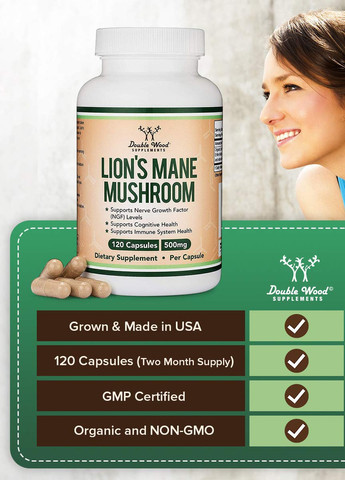Ежовик гребенчатый Double Wood Lion's Mane Mushroom 500 mg, 120 capsules Double Wood Supplements (259296195)