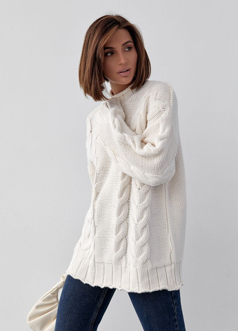 Бежевый зимний вязаный свитер с косами oversize - кремовый Lurex