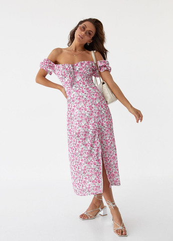 Розовое откровенный цветочное платье миди с разрезом - розовый Modaway