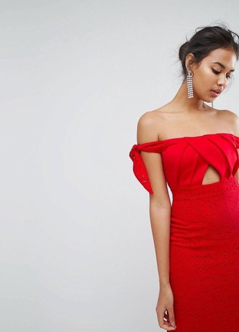 Червона сукня міди з мереживом та зав'язками на плечах bardot Asos