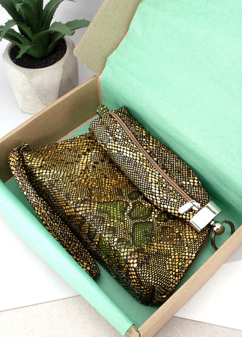 Подарочный набор для женщины №72: косметичка + ключница золотисто-зеленого цвета под рептилию HandyCover (268465333)