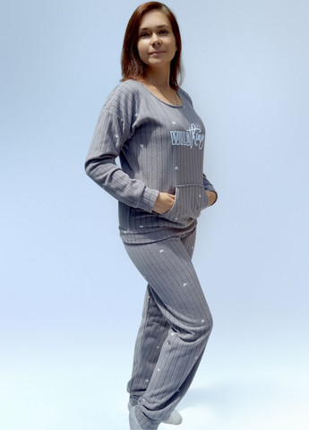 Сіра зимня флісова жіноча піжама в рубчик свитшот + брюки Pijamoni
