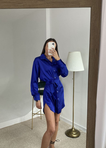 Синее повседневный нежное классическое женское платье-рубашка No Brand однотонное