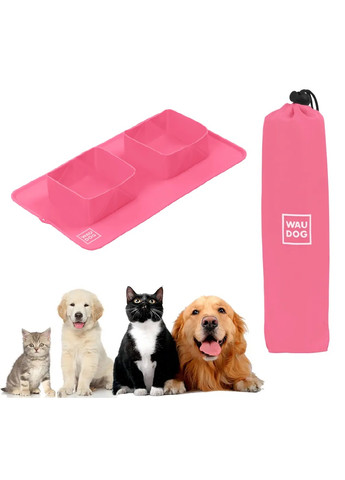 Складаний силіконовий килимок з двома вбудованими мисками посуд для тварин котів собак 385х230х50 мм (474729-Prob) Рожевий Unbranded (259518329)