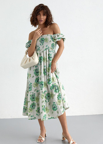Зеленое откровенный летнее платье в цветочный узор с открытыми плечами - зеленый Lurex