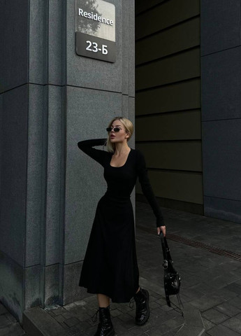 Черное весеннее женское платье меди из трикотажа, нежное универсальное платье на вечер. No Brand