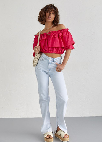 Фуксиновая летняя короткая блуза с воланами - фуксия No Brand