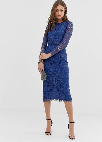 Синее праздничный, коктейльное, вечернее кружевное платье-футляр миди с длинными рукавами design Asos
