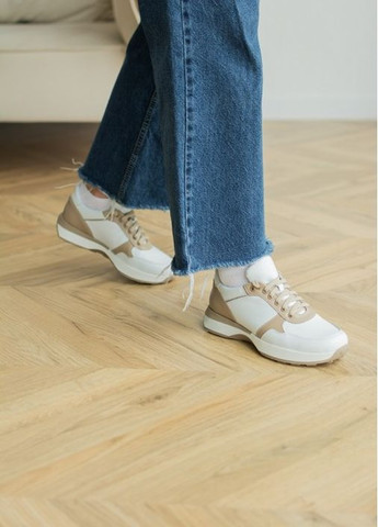 Белые демисезонные легкие женские кожаные кроссовки белые с капучино Villomi