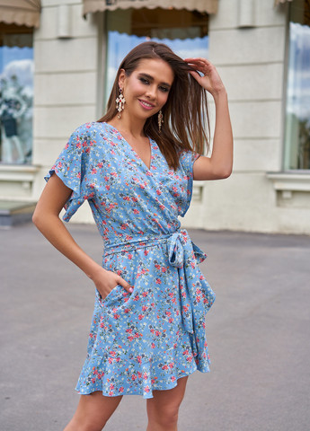 Голубое повседневный летнее платье с легкого льна Jadone Fashion с цветочным принтом