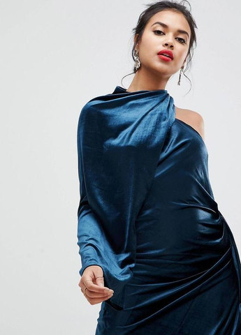 Темно-голубое праздничный, коктейльное, вечернее бархатное асимметричное драпированное платье edition Asos
