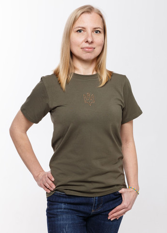 Хаки (оливковая) всесезон женская футболка c вышивкой "тризуб ярослава мудрого" хаки с коротким рукавом Мальви