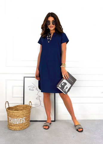 Синее женское льняное платье свободного кроя синего цвета р.54/56 431696 New Trend