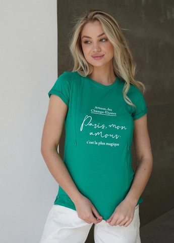 Зелена футболка з принтом для вагітних і годуючих мам трикотажна зелена з секретом для годування To Be