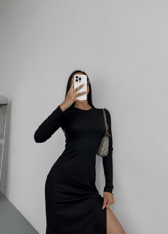 Черное шикарное приталенное длинное платье из качественного рубчика, платье ниже колена и с разрезом от бедра No Brand