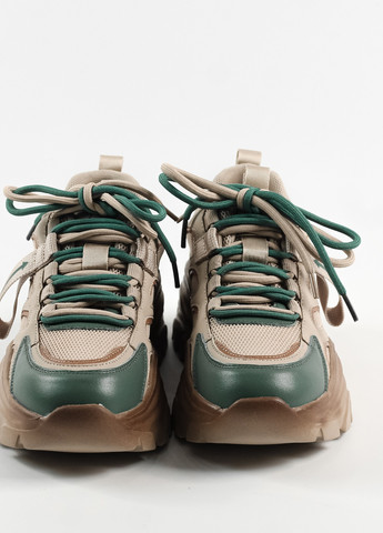 Бежеві всесезонні кросівки жіночі з двома шнурками бежево-зелені Lonza