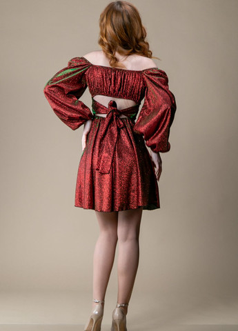 Красное праздничный, вечернее платье мини с завязками на спине рукав длинный блестящий CHICLY однотонное