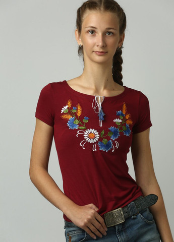 Бордова жіноча футболка з квітковою вишивкою "Віночок" Melanika (277160507)