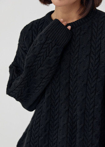 Черный зимний вязаный свитер оверсайз с узорами из косичек - черный Lurex