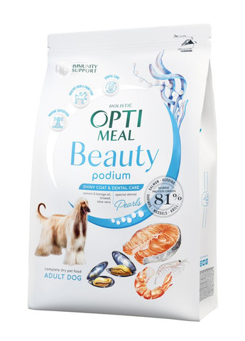 Сухий корм Beauty Podium для дорослих собак усіх порід, блискуча шерсть та догляд за зубами з морепродуктами 1.5 кг Optimeal (277367430)