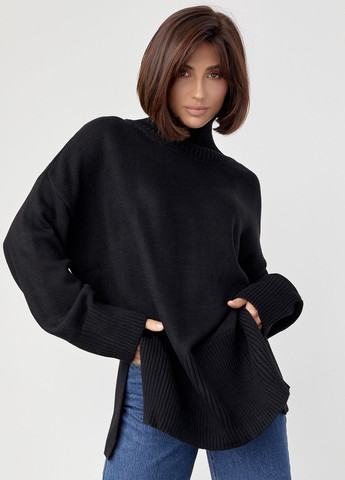 Женский вязаный свитер oversize с разрезами по бокам - черный Lurex (271662381)