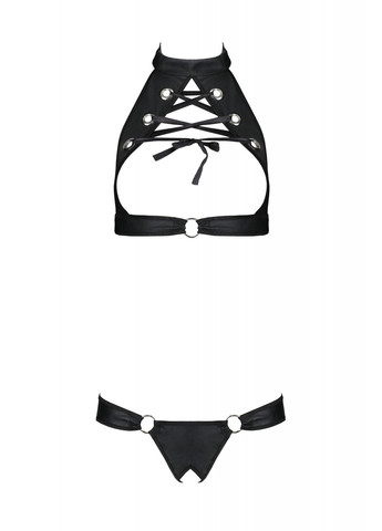 Чорний комплект із екошкіри alwiaet with open bra, топ та трусики з люверсами Passion