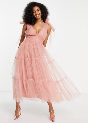 Розовое праздничный, коктейльное, вечернее розовое ярусное платье мидакси lace & beads bridesmaid с юбкой-солнце, бэби долл, с пышной юбкой Asos