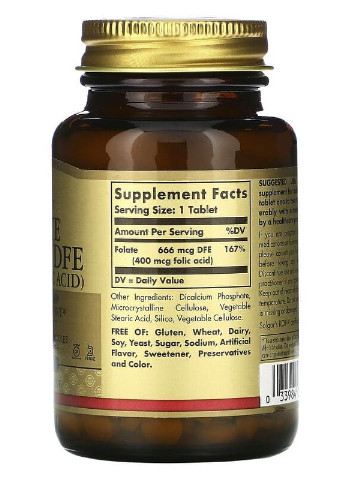 Folate 666 mcg DFE (Folic Acid 400 mcg) 250 Tabs Solgar (256723947)