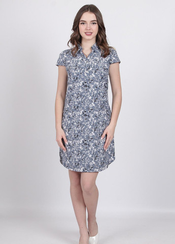 Светло-синее кэжуал платье женское 004 цветы белый черный софт джинсовый Актуаль