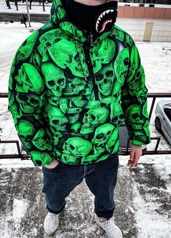 Зелена зимня теплий чоловічий анорак зеленого кольору з черепами No Brand
